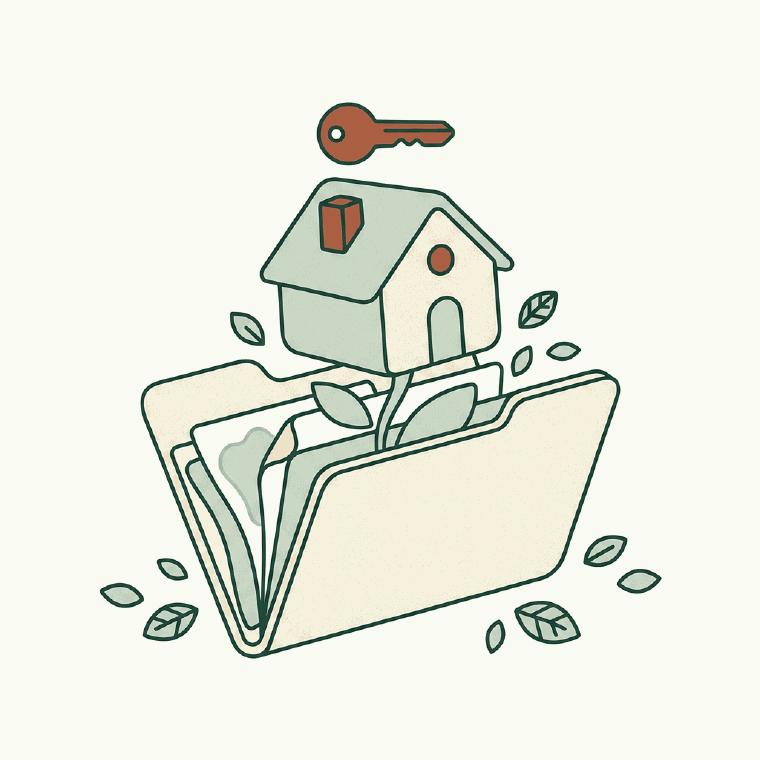 A small house rising out of an open document folder with a key above it