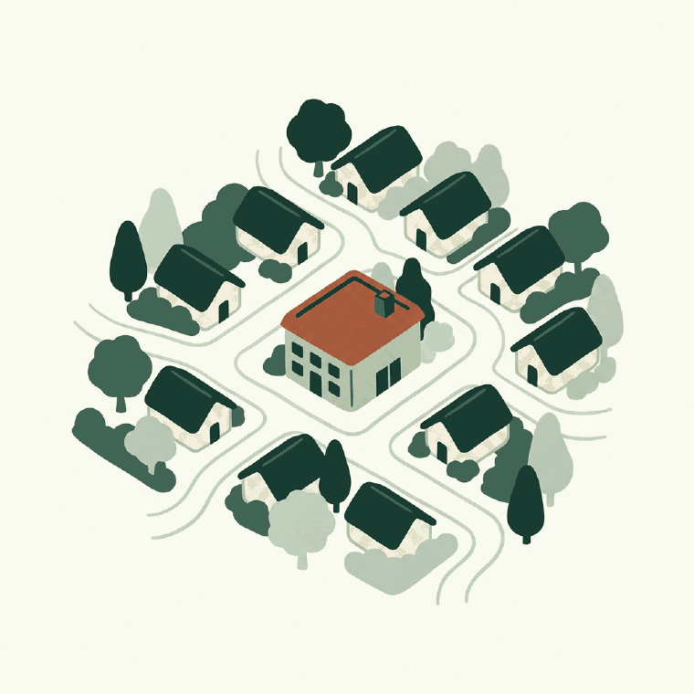 An overhead view of a neighborhood of small rooftops around one larger building