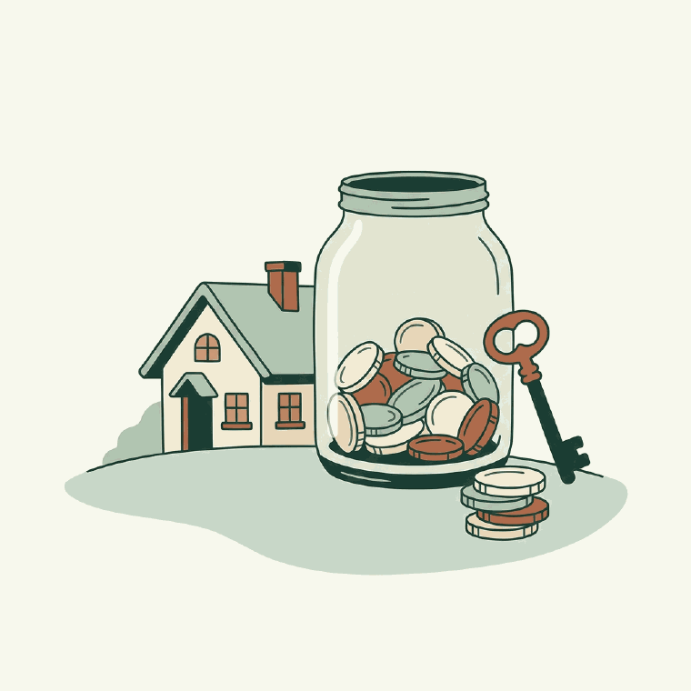 A small cottage beside a glass jar of coins with a key leaning against it