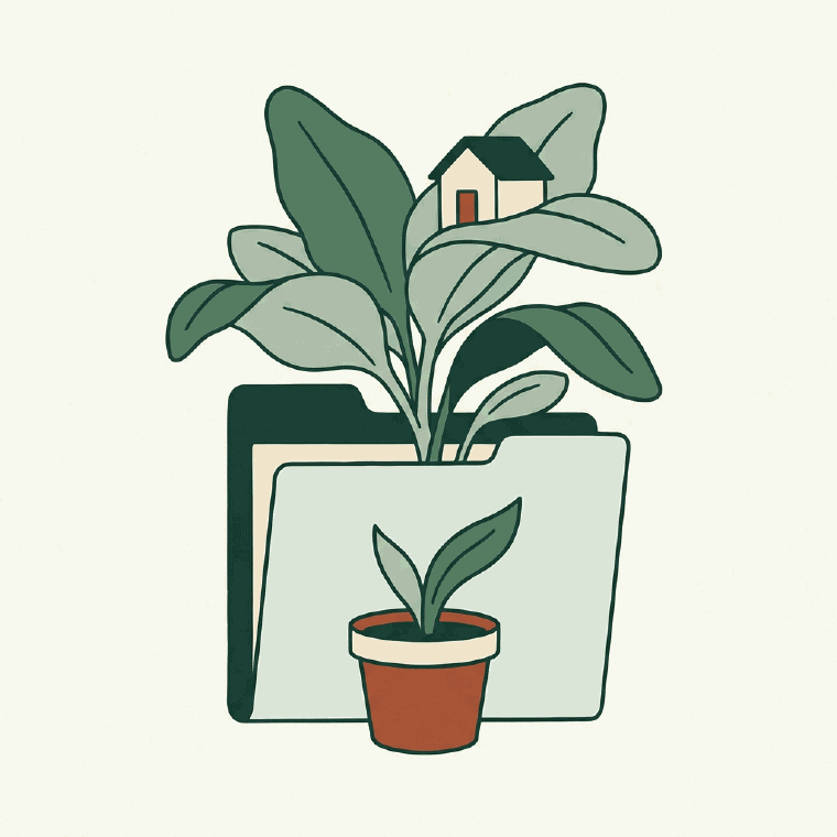 A plant growing out of a document folder with a small house resting among the leaves