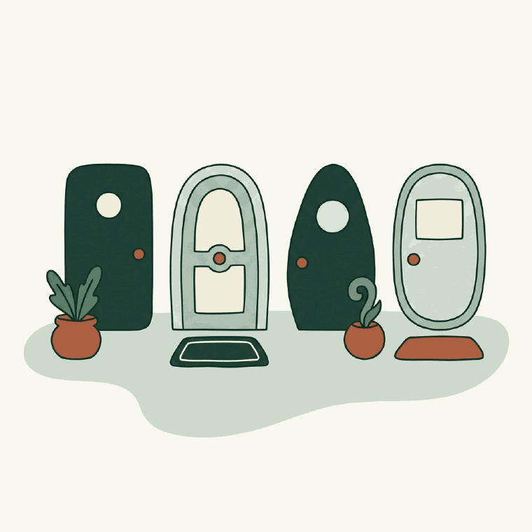 Four front doors side by side, each a different shape, with potted plants and mats beside them